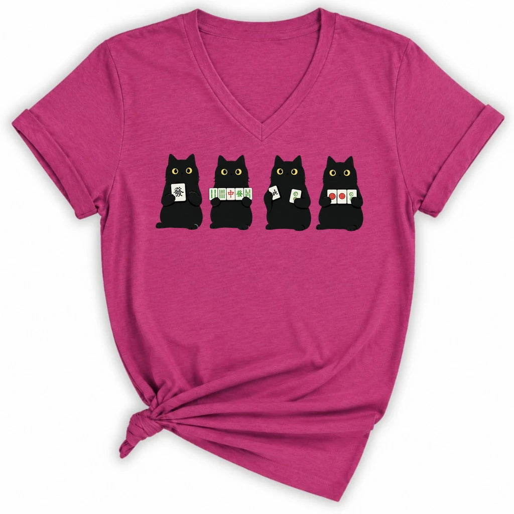 Cats playing Mahjong Lady V-neck